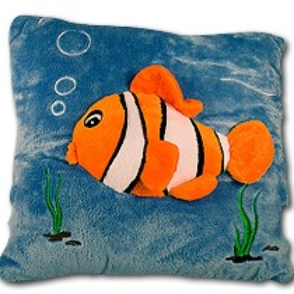 NWOT Blue Decorative Pillow Finding Nemo Applique Clown Fish Plush Velour Square - Picture 1 of 1